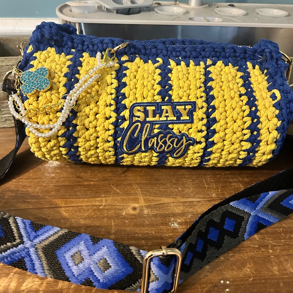 Sigma sorority Blue and Yellow Crochet Duffle Bag. Slay Classy 10x 7"